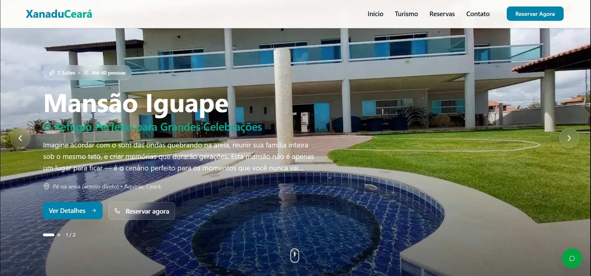 Página inicial do Xanadu Ceará, com a foto da Mansão Iguape e a piscina da casa de temporada