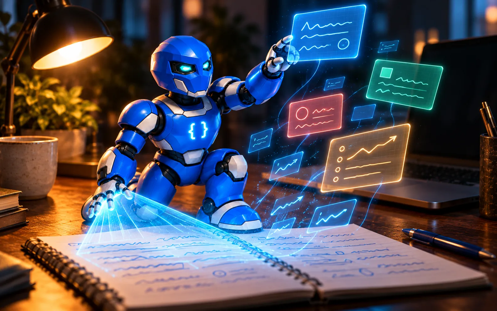 O mascote da TWS escaneia o caderno com um feixe de luz e as anotações sobem como hologramas