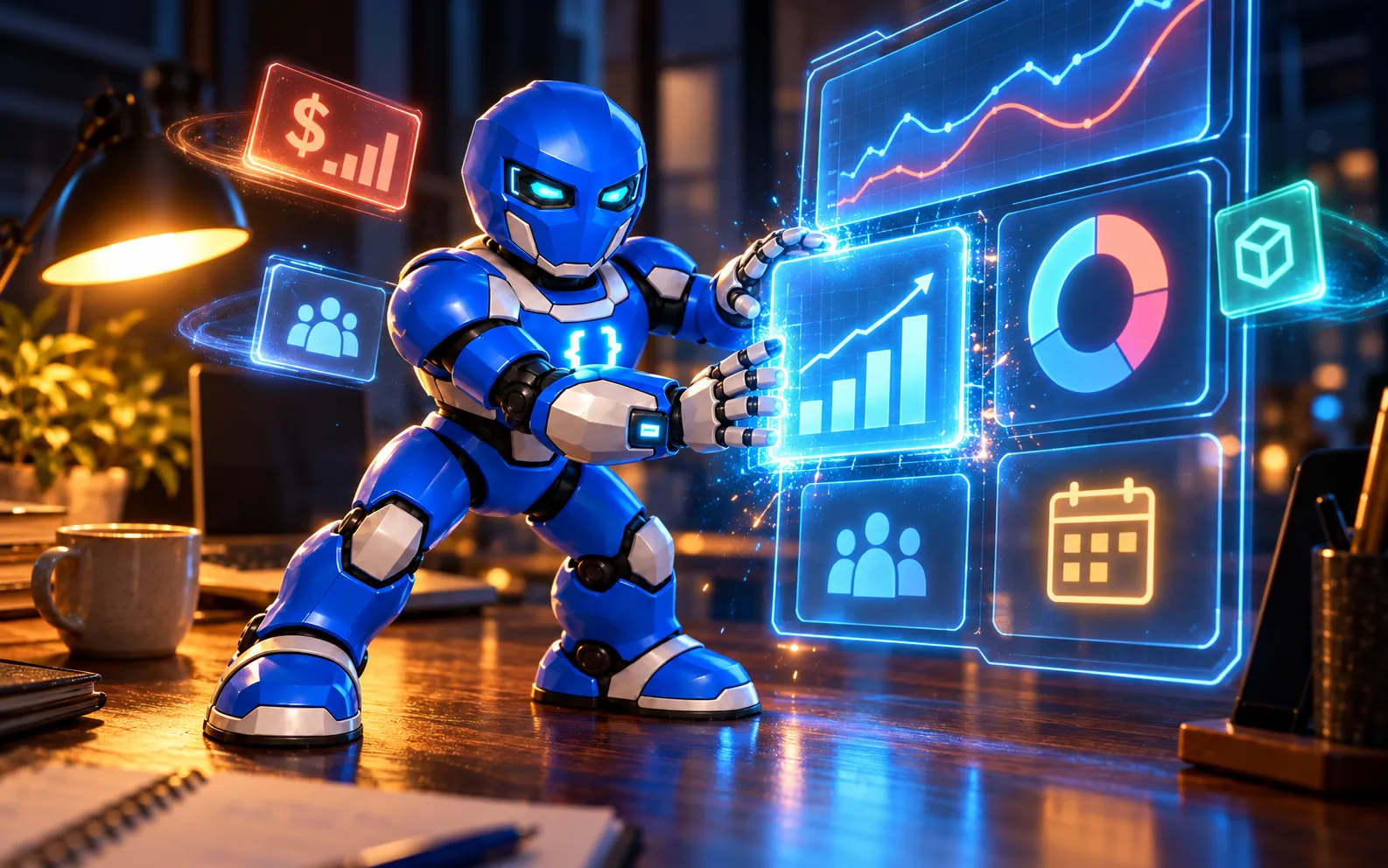 O mascote da TWS encaixa os módulos de financeiro, clientes, agenda e estoque num painel de holograma